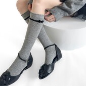 春夏个性 木耳边小腿袜女竖纹灰色女生lolita堆堆袜甜美奶白色长袜