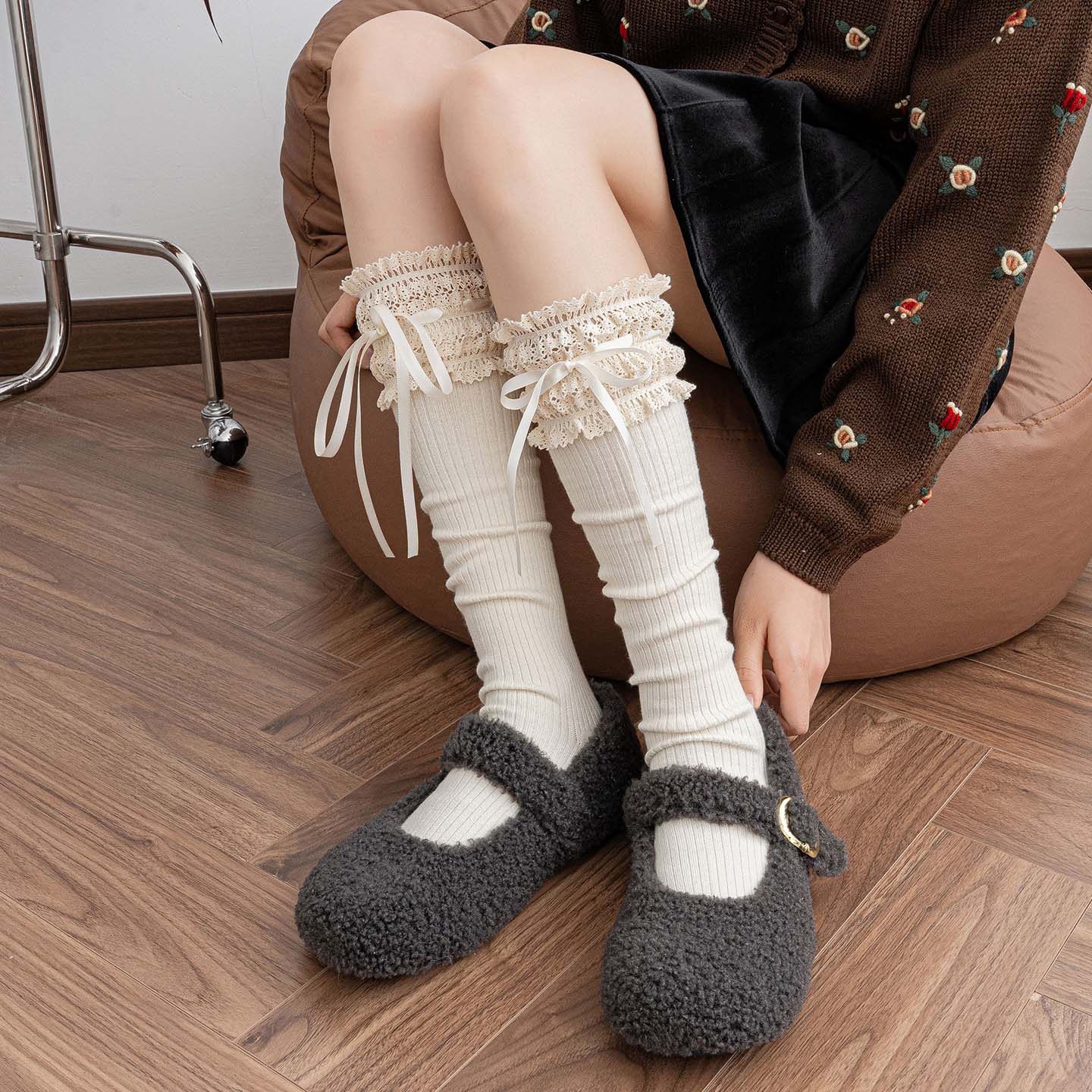 秋冬加厚保暖奶白色lolita堆堆中筒袜蕾丝花边蝴蝶结咖啡色小腿袜,女士内衣/男士内衣/家居服,长筒袜,淘宝优惠券,粉丝福利购,淘宝优惠卷