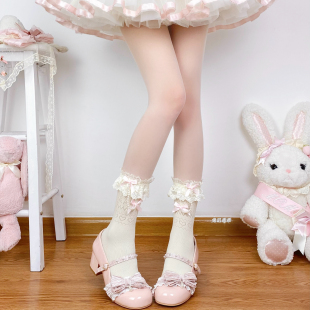 lolita原创珍珠蝴蝶结蕾丝花边袜甜美芭蕾风中筒袜子女春秋小腿袜