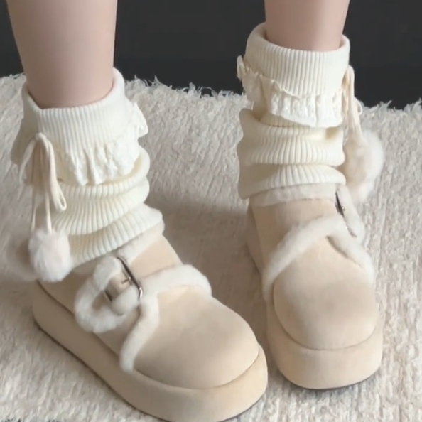 奶白堆堆袜女秋冬可爱中筒袜套甜美蕾丝花边小腿袜lolita球球腿套