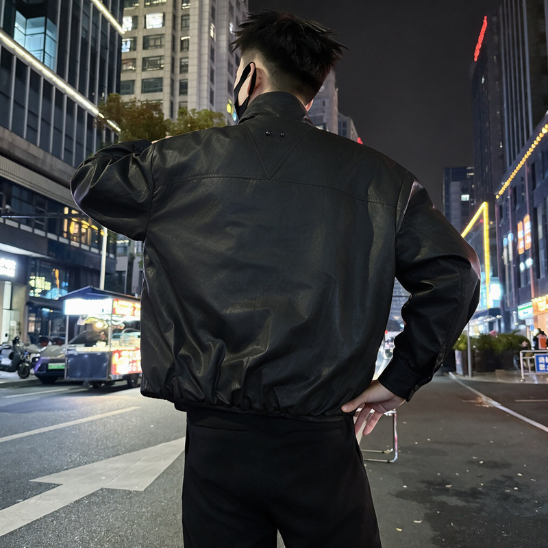 男士立领皮衣外套高级感潮牌美式男装上衣褂子春秋季新款休闲夹克