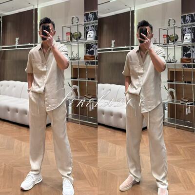 夏季男士亚麻风短袖衬衫两件套
