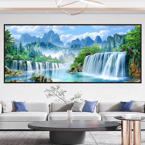 流水生财山水风景画自粘墙贴画