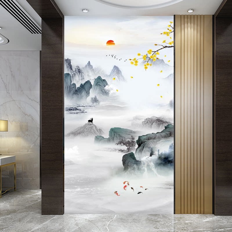 玄关自粘贴画新中式水墨意境山水风景画客厅入户正对门装饰画壁画