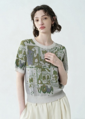 URBAN BLURS 2026新款卡通印花韩版宽松短袖提花针织衫