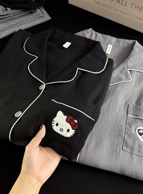 可爱风Hello Kitty卡通情侣睡衣女士长袖开衫鱼骨家居服男士套装