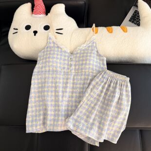 网红ins睡衣女款夏季带胸垫纯棉吊带短裤蓝色格子学生家居服套装