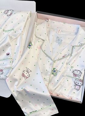 冰雪丝甜美风HelloKitty冰丝睡衣女长袖开衫波点家居服套装可外穿