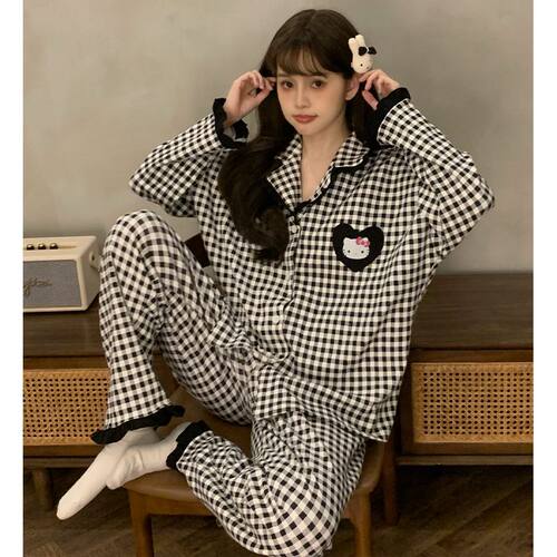 纯棉大码女甜美格子家居服套装