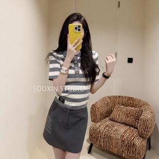 灰白条纹polo领短袖 女夏季 北欧小众 针织衫 上衣 新款 修身