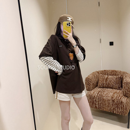 明星同款！撞色拼接假两件字母polo领长袖T恤女夏季新款宽松上衣