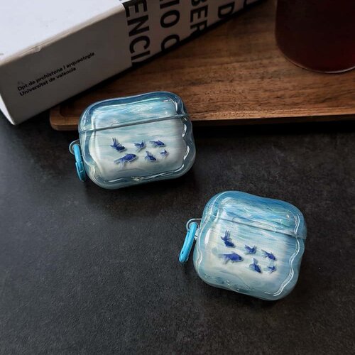 蓝色六条小金鱼适用苹果AirPodspro2耳机壳airpods2/3/4耳机保护套airpodspro3个性创意无线蓝牙波浪纹耳机壳