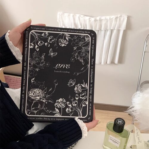 黑底英文白花适用苹果ipad10代平板保护套ipadair6旋转mini6/air5/air3简约ipadpro2024时尚ipad8亚克力个性