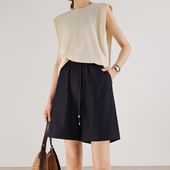 a字复古小个子高腰显瘦阔腿5五分中裤 深蓝色天丝牛仔短裤 女夏薄款