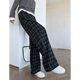 黑灰色软糯格子裤 直筒阔腿裤 女春秋显瘦慵懒复古加长高个子窄版 裤