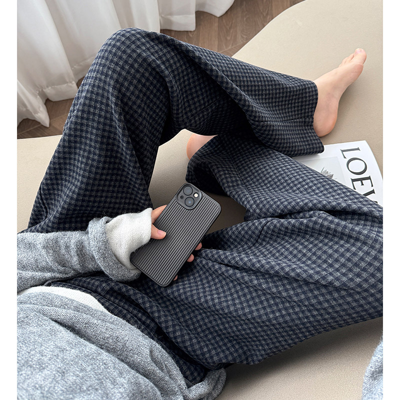 弯刀格子裤女春秋慵懒风垂感绑带松紧腰蓝色绵羊毛镰刀香蕉阔腿裤,女装/女士精品,休闲裤,淘宝优惠券,粉丝福利购,淘宝优惠卷