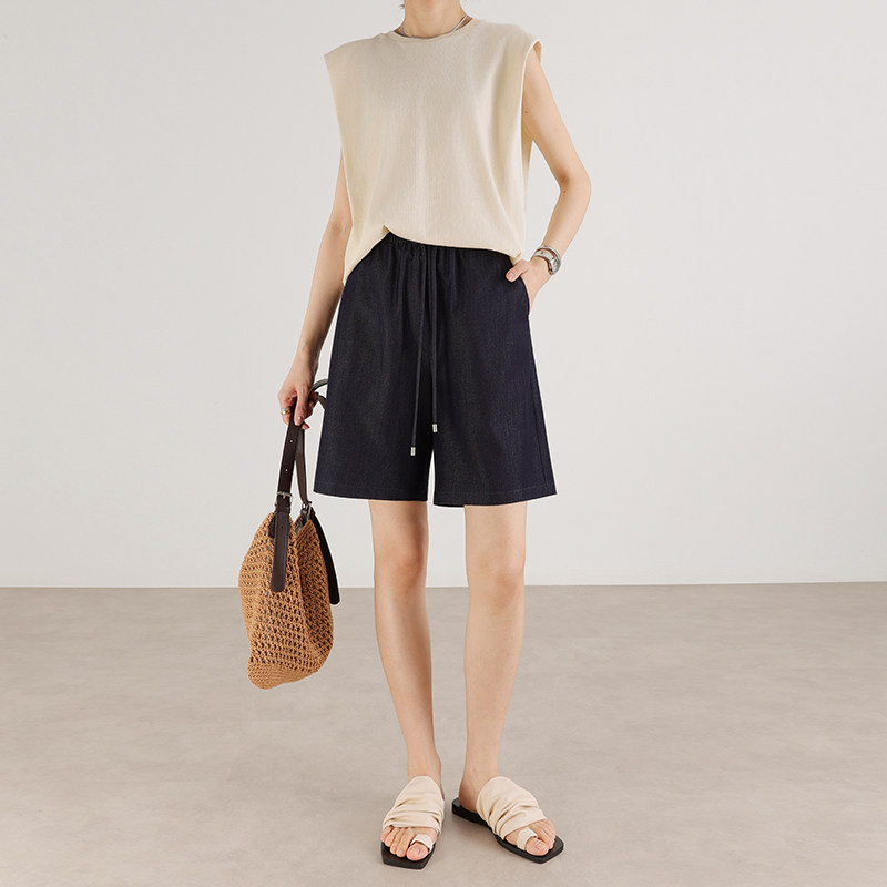 牛仔短裤女外穿夏薄款小个子透气直筒垂感抽绳休闲冰丝宽松五分裤