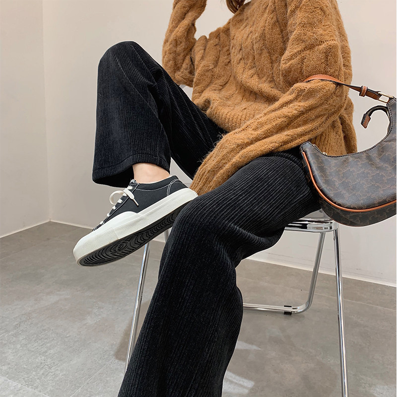 小个子灯芯绒阔腿裤女秋冬高腰米白色垂感宽松条加绒加厚杏色拖地