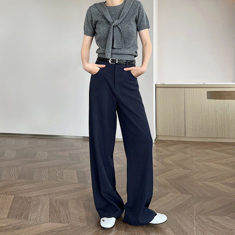 藏青色仿牛仔天丝西装阔腿裤女春秋高腰垂感宽松窄版裤拖地直筒裤,女装/女士精品,牛仔裤,淘宝优惠券,粉丝福利购,淘宝优惠卷