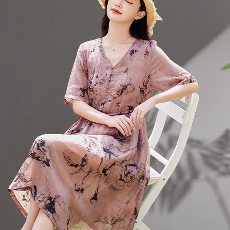 RAGR中年妈妈苎麻连衣裙V领碎花裙夏季新款显瘦短袖薄款a字裙子