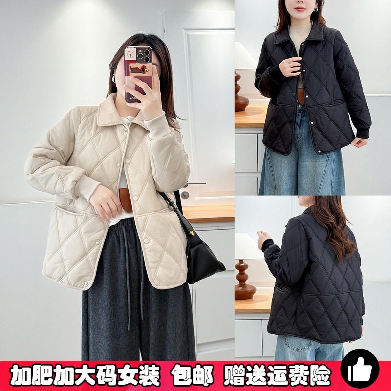 胖mm大码女装棉衣外套女秋冬新款拼接翻领宽松显瘦女款轻薄款棉服