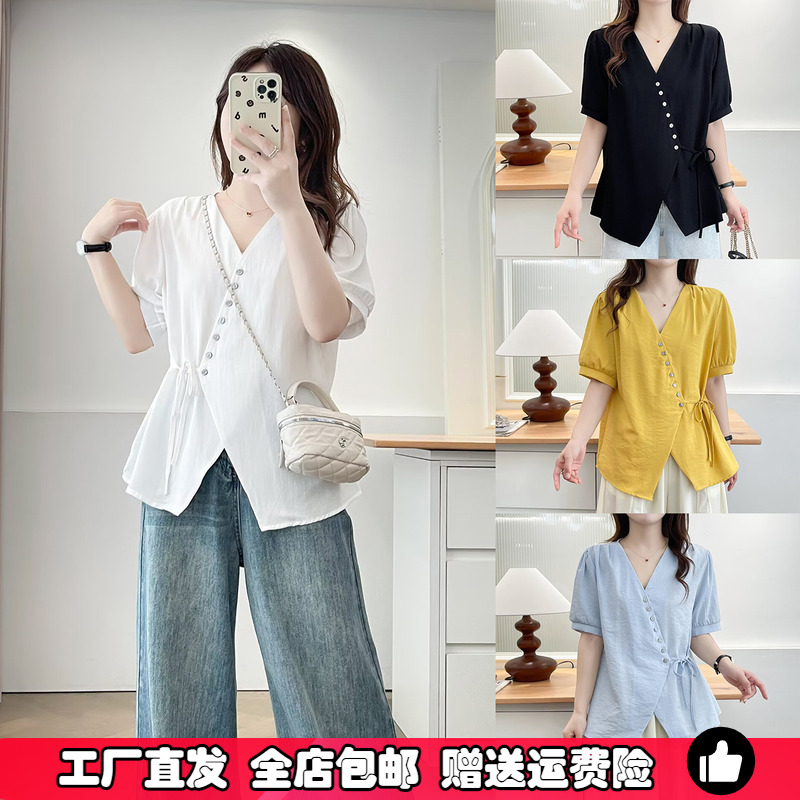 大码胖mm斜边扣v领衬衫女短袖T恤