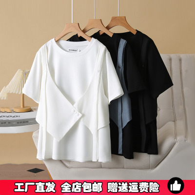 大码不规则马甲短袖T恤上衣女装