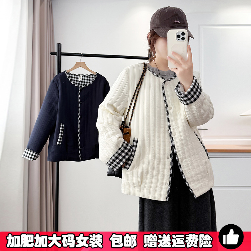 秋冬大码女装格子拼接夹棉衣外套