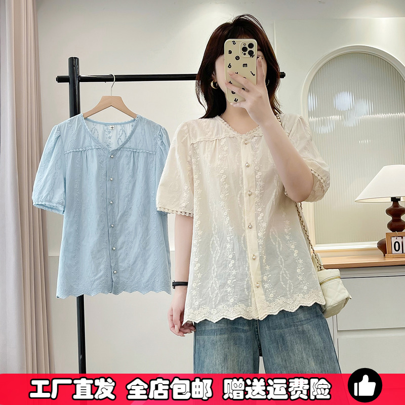 大码纯棉上衣女胖mm短袖绣花衬衫