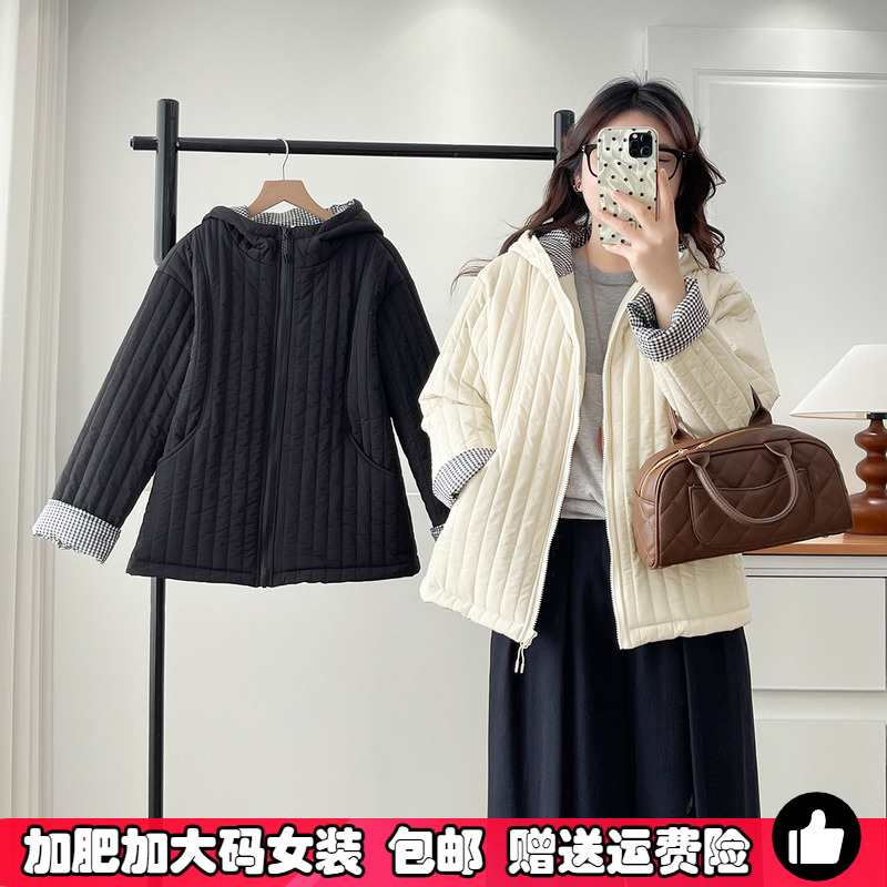 秋冬季竖条连帽棉服女大码小棉衣