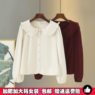 大码女装娃娃领长袖衬衫女春秋款减龄显瘦设计感短款内搭衬衣2024