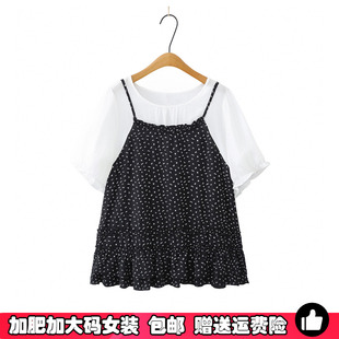 胖MM夏季新款大码假两件碎花雪纺衫女士宽松遮肉显瘦减龄短袖上衣