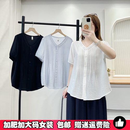 大码法式泡泡袖衬衫女短袖T恤夏