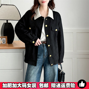 大码法式复古鹿皮绒外套女春秋季胖mm显瘦小香风翻领撞色拼接上衣