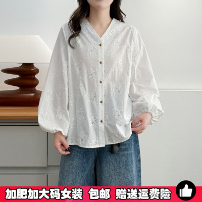 2026春季大码衬衫纯棉绣花开衫女