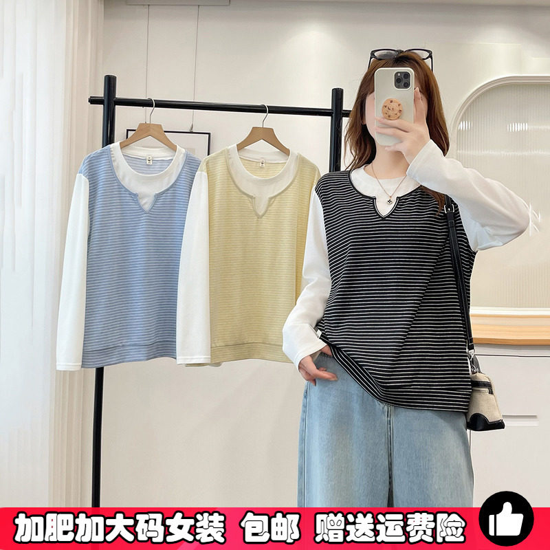 秋季大码条纹假两件拼接针织衫女图片