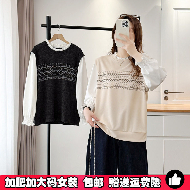 春季大码花边假两件卫衣女打底衫图片