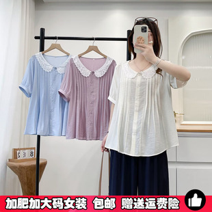 夏季大码200斤减龄娃娃领短袖衬衫女遮肚子压褶天丝衬衣胖MM上衣