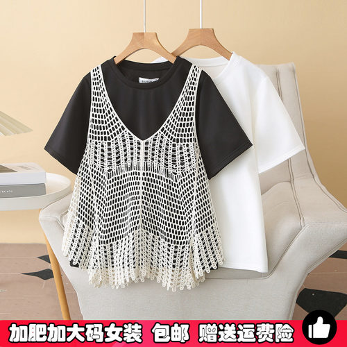 大码钩花针织背心+圆领短袖t恤女