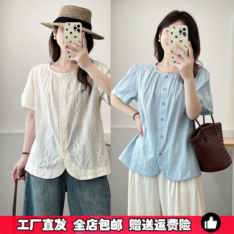 纯棉绣花短袖衬衫女大码夏季衬衣