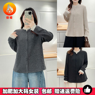大码 女秋冬200斤胖mm弹力蕾丝花边半高领加厚内搭上衣 德绒打底衫