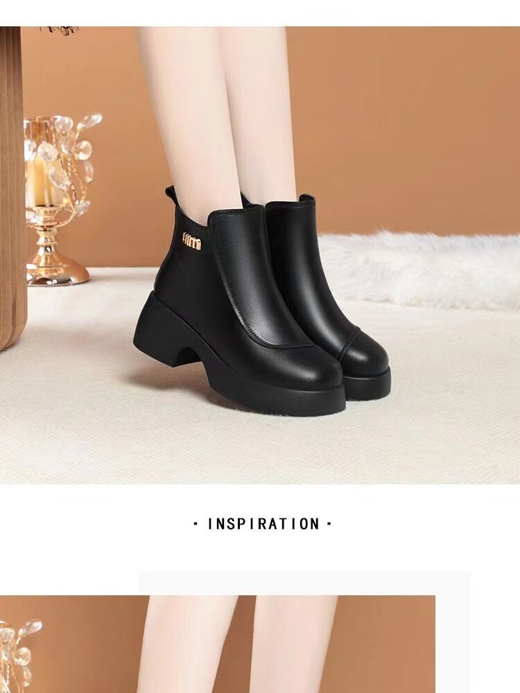 가죽 여성 부츠 2023 새로운 겨울 쇠가죽 채찍으로 치다 두꺼운 뒤꿈치 엄마 부드러운 밑창 짧은 부츠 두꺼운 밑창 마틴 부츠