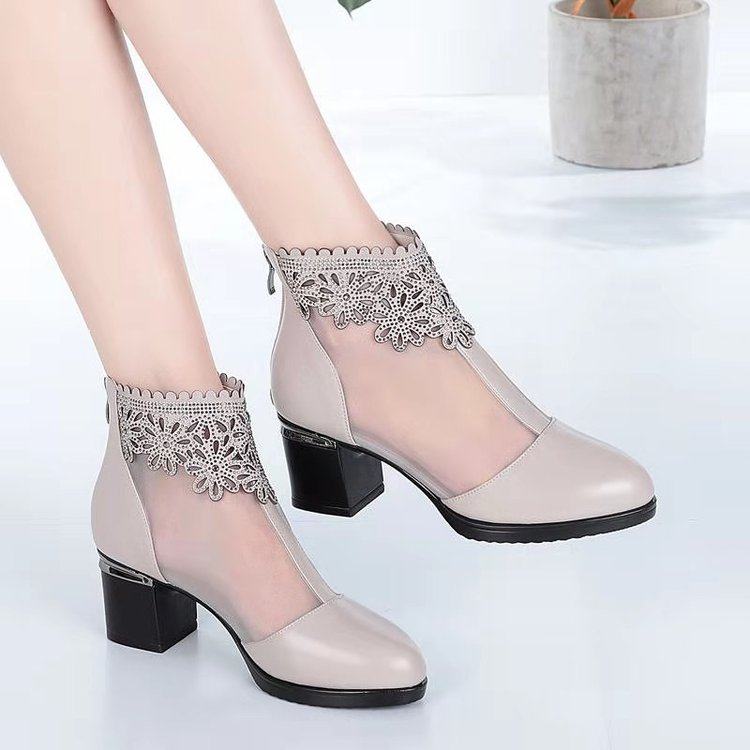 网红水钻女单鞋中跟镂空真皮网靴