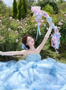 外景森系婚纱照道具蓝色绣球花朵弓箭粉色粘花蕾丝蝴蝶结竹木弓箭