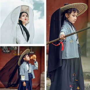 武侠拍照斗笠道具儿童古风汉服女遮阳男侠客演出面纱帽子头饰长萧