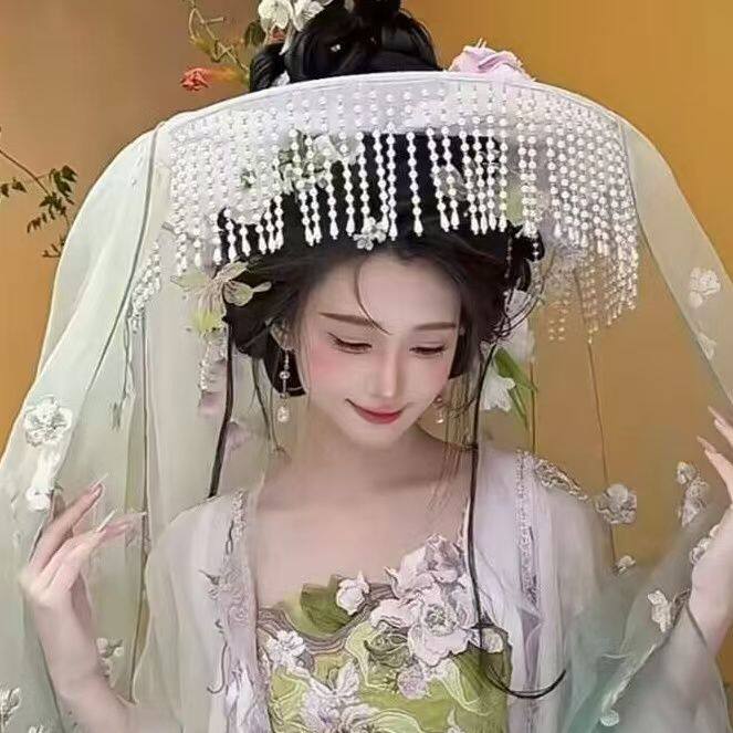 古风影视摄影道具竹编斗笠女影楼写真流苏斗笠遮阳防晒帽飘逸面纱