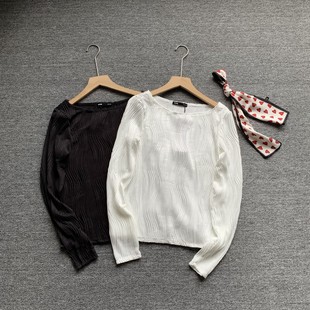 外贸女装通勤知性女肌理褶皱长袖上衣早春气质百搭时尚T恤上衣