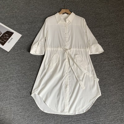 高品质文艺法式白色衬衫领中袖连衣裙夏季森系显瘦收腰衬衫A字裙