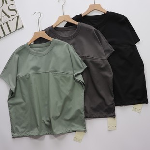 韩国单极简风短袖女夏季百搭宽松口袋体恤衫下摆抽绳设计T恤上衣
