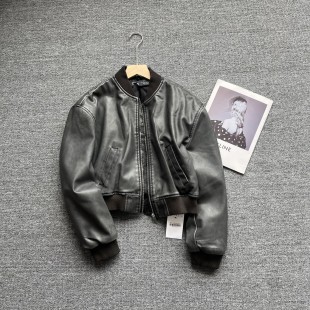 外贸女装 宽松立领夹克棒球服外套 复古水洗做旧夹棉皮衣女春秋新款